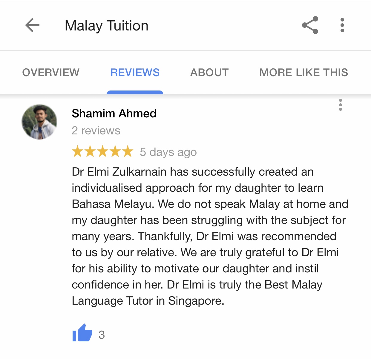 Shamim Ahmad Malay Tuition Feedback Tutor Dr Elmi Zulkarnain Osman